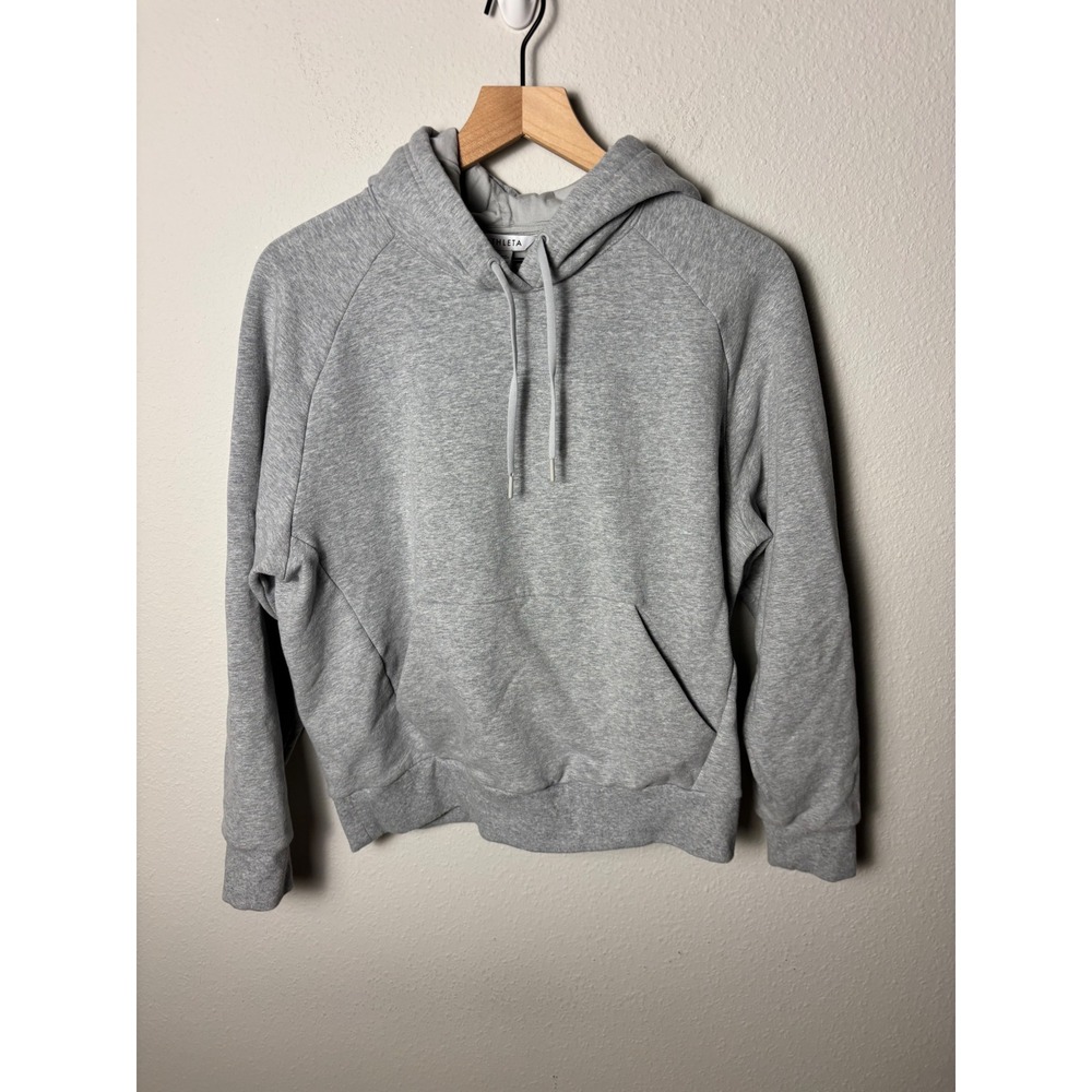 Athleta Fleece Light Gray Hoodie Raglan Sleeve Pullover Sweatshirt Womens Medium
